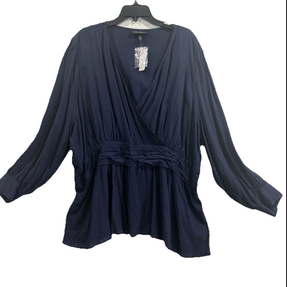 Lane Bryant Blouse Women 24 Navy Blue Surplice Smocked Waist Long Sleeve Top